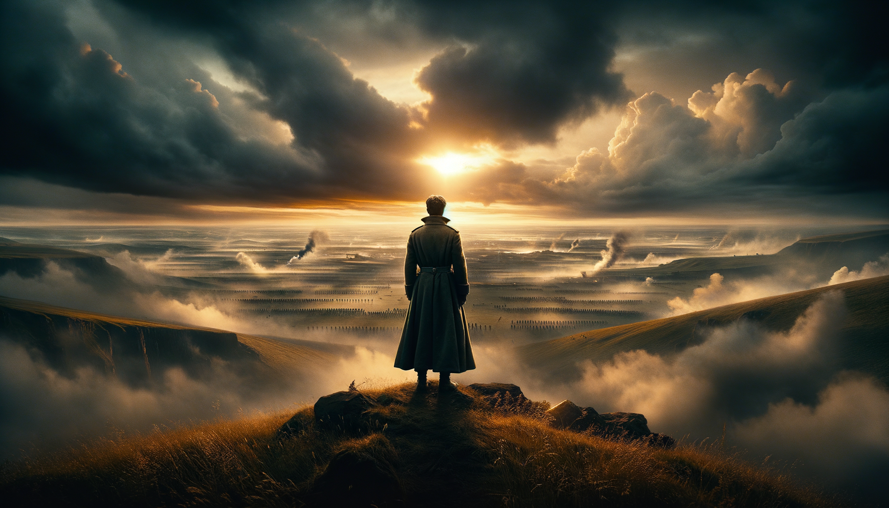 A lone commander on a hilltop overlooking a vast battlefield at dawn