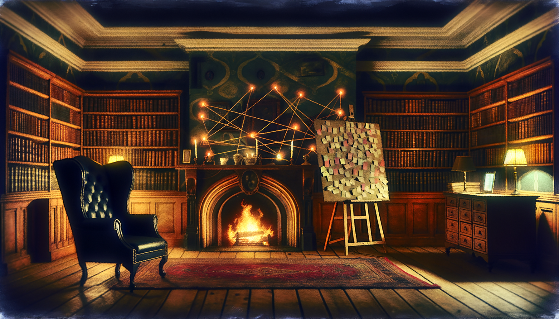 221B Baker Street — a Victorian study lit by firelight, investigation board on the wall
